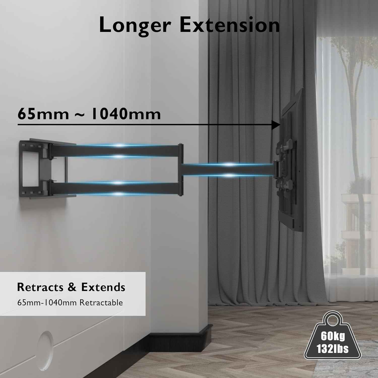 Support Mural TV À Extra Longue, 32-75 Pouces, Portée 1040 Mm | Charge Maximale 60 Kg, VESA Max 600X400 Mm, Pivotement, Inclinaison Et Rotation, Écrans Plats Ou Incurvés