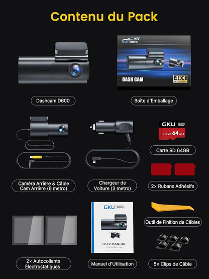 4K Dashcam Voiture Avant Arrière, 5Ghz Wifi Caméra Embarquée Voiture | Avec Carte SD 64G, Camera Voiture Grand Angle 170°, Vision Nocturne, Wdr,G-Capteur,Stationnement 24H,Enregistrement En Boucle