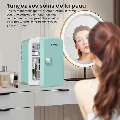Mini Frigo Portable 4L, Mini Réfrigérateur Cosmétique, Mini Glacière Électrique, Fonction Froid/Chaud, Avec Câble AC 220V/ DC 12V Pour Voiture, Bureau, Chambre (Vert)
