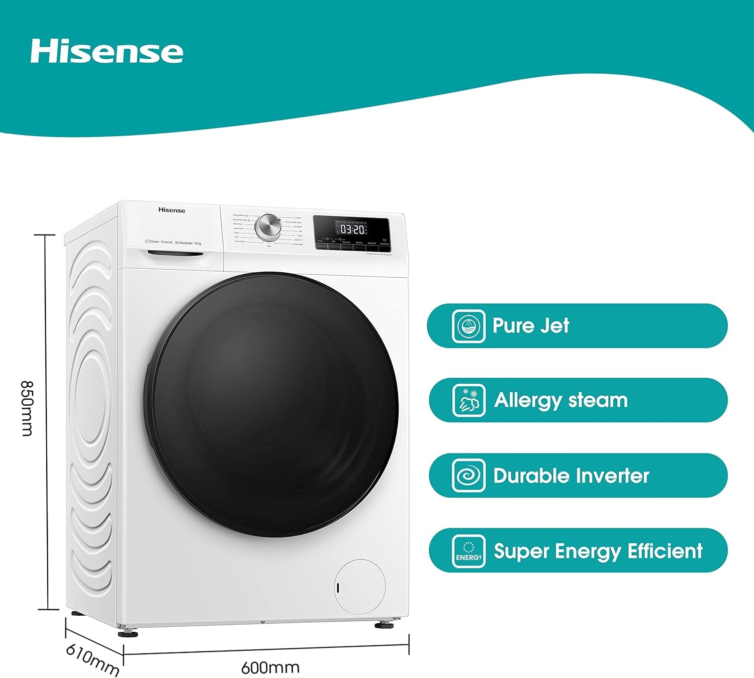 Hisense WFQA1014EVJM Machine À Laver Avec Fonction Vapeur, 10 Kg/Aquastop, 1400 Tr/Min, 15 Programmes, Moteur Inverter Powerdrive, Tambour En Acier Inoxydable, Sécurité Enfant, Nettoyage Du Tambour,
