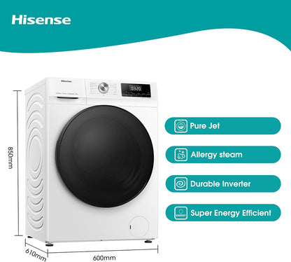 Hisense WFQA1014EVJM Machine À Laver Avec Fonction Vapeur, 10 Kg/Aquastop, 1400 Tr/Min, 15 Programmes, Moteur Inverter Powerdrive, Tambour En Acier Inoxydable, Sécurité Enfant, Nettoyage Du Tambour,