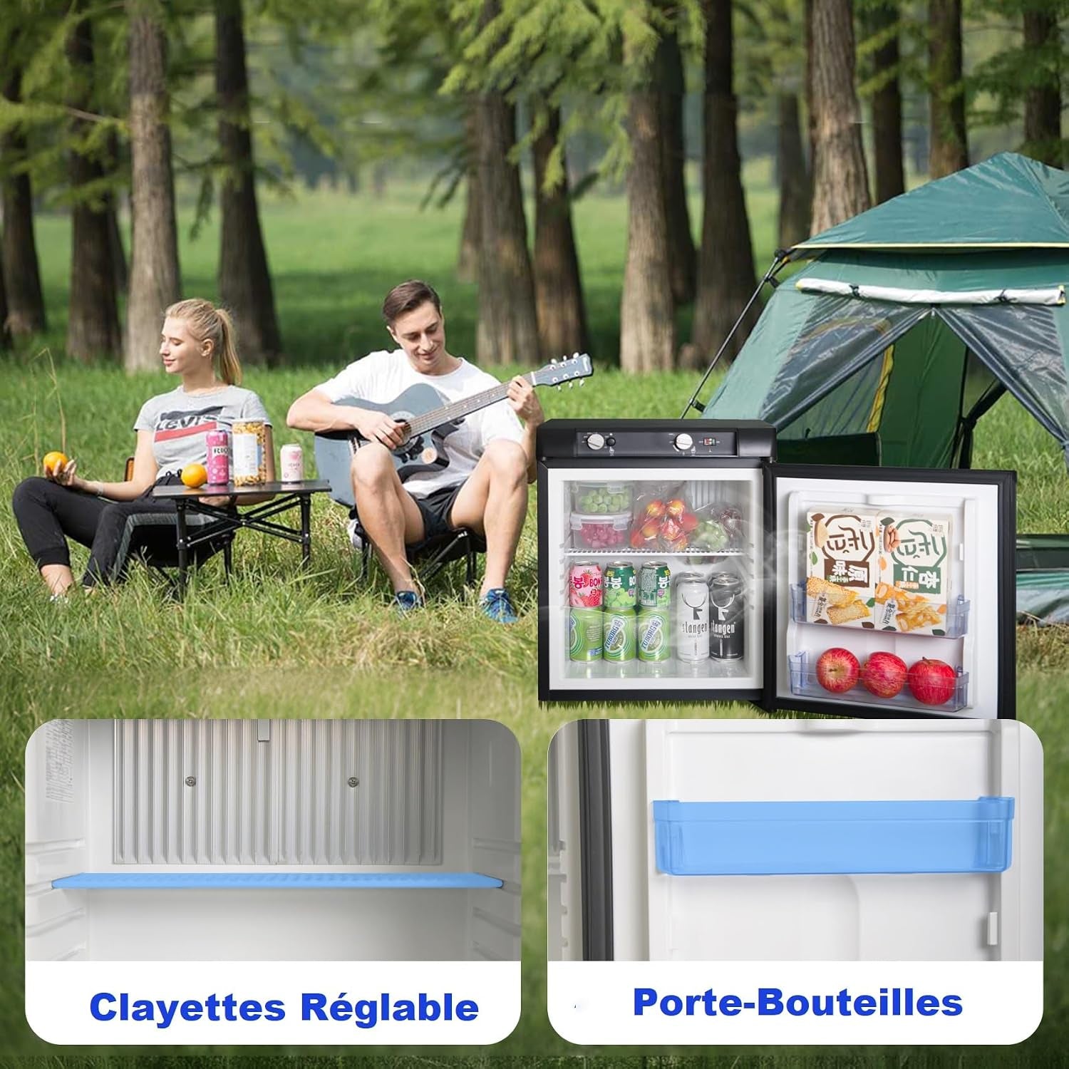 Frigo Camping Car 12V 220V Gaz, 40L, Frigo Trimixte, Réfrigérateur Camping Gaz Pour Chalet Cabanon Caravane Fourgon Mobile-Home, Noir
