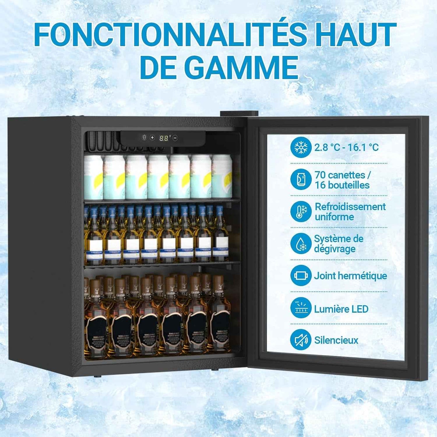 Réfrigérateur À Boissons Compact Et Autoportant, 70 Canettes/50L, Mini-Réfrigérateur Avec Porte Transparent Pour Sodas, Petit Réfrigérateur Sous Comptoir Avec Clayettes Réglables