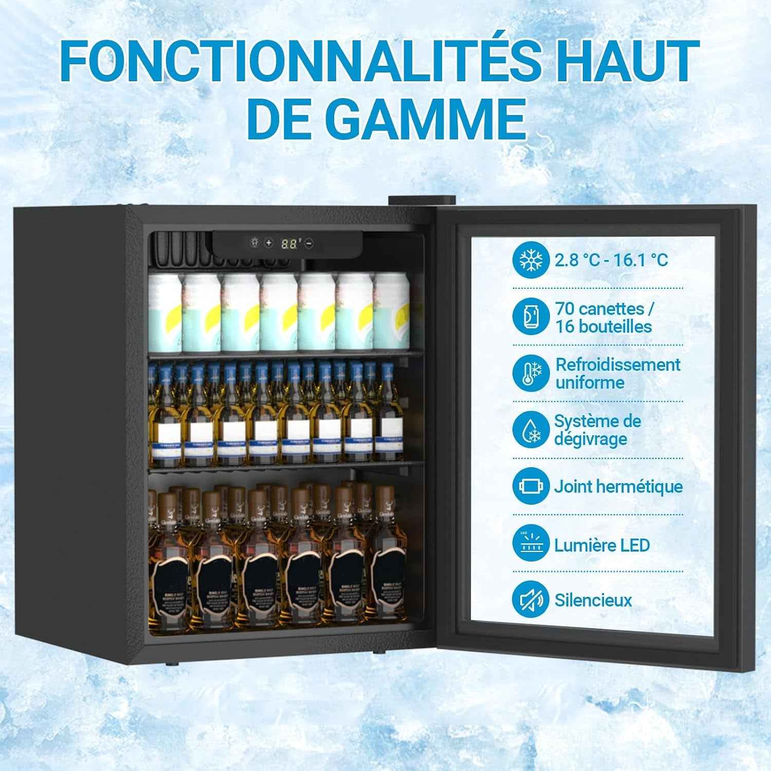 Réfrigérateur À Boissons Compact Et Autoportant, 70 Canettes/50L, Mini-Réfrigérateur Avec Porte Transparent Pour Sodas, Petit Réfrigérateur Sous Comptoir Avec Clayettes Réglables
