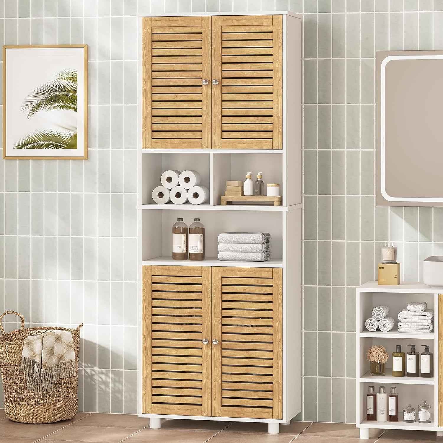 Meuble Colonne De Salle De Bain, Armoire Haute Cuisine Avec 3 Étagères Réglables Et Ouvertes, 4 Portes En Bambou, Meuble De Rangement Pour Salon, Cuisine, Salle De Bain, 60X30X170 Cm