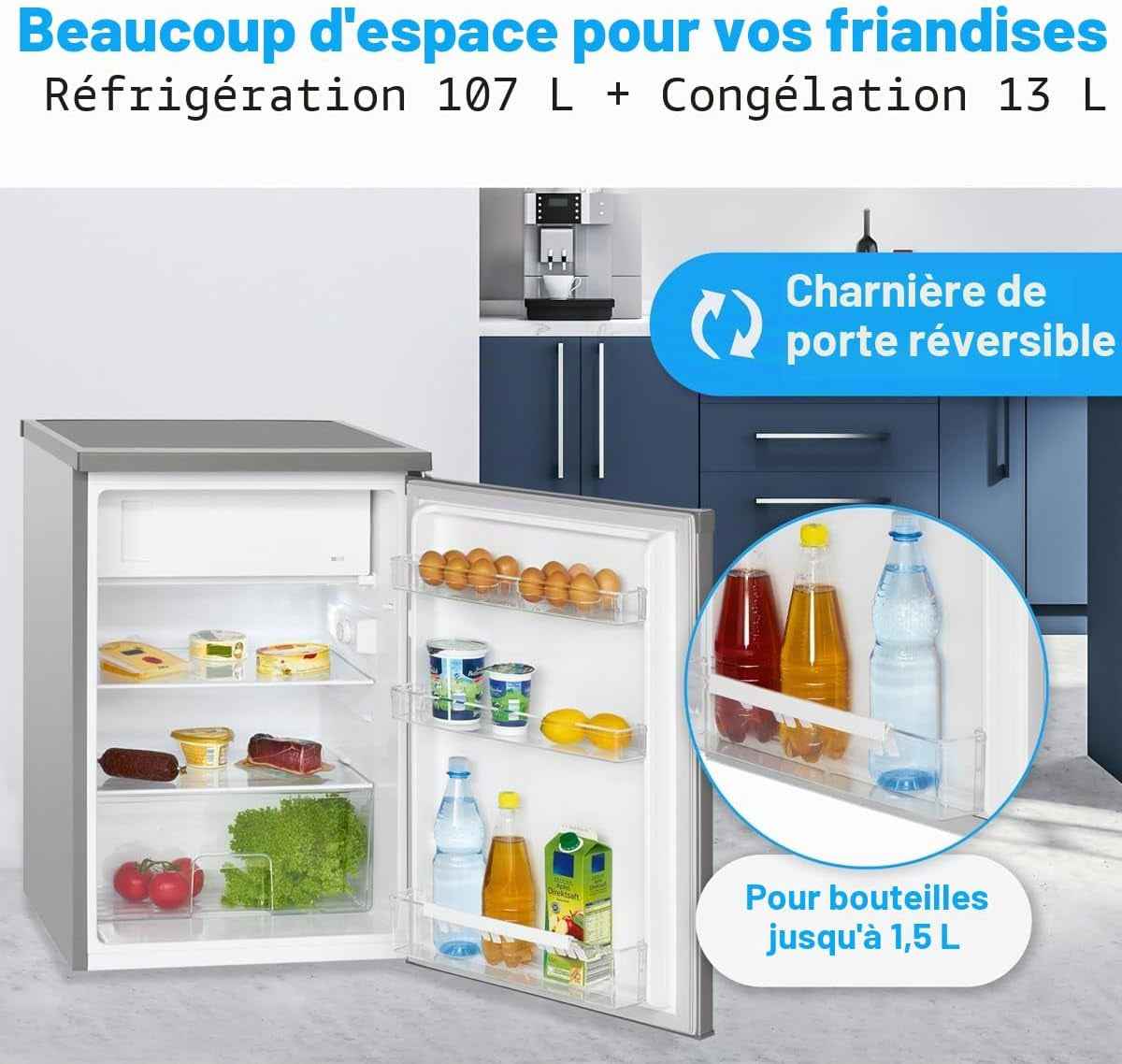 Réfrigérateur Avec Congélateur 120 L KS 2184-1, Inox | Compartiment Congélateur, Réglage De La Température En Continu, Charnière Interchangeable, Pieds Réglables