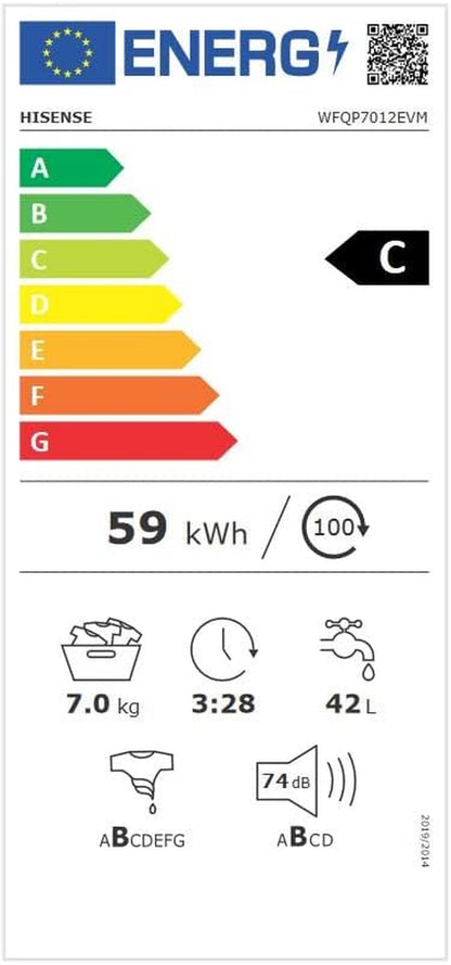 Hisense WFQP7012EVM - Machine À Laver À Vapeur Efficace, Moteur Inverter, Charge Frontale 7 Kg, 1200 Tr/Min, 15 Programmes, Contrôle De Balancement Intelligent Du Tambour, Affichage LED, Programme