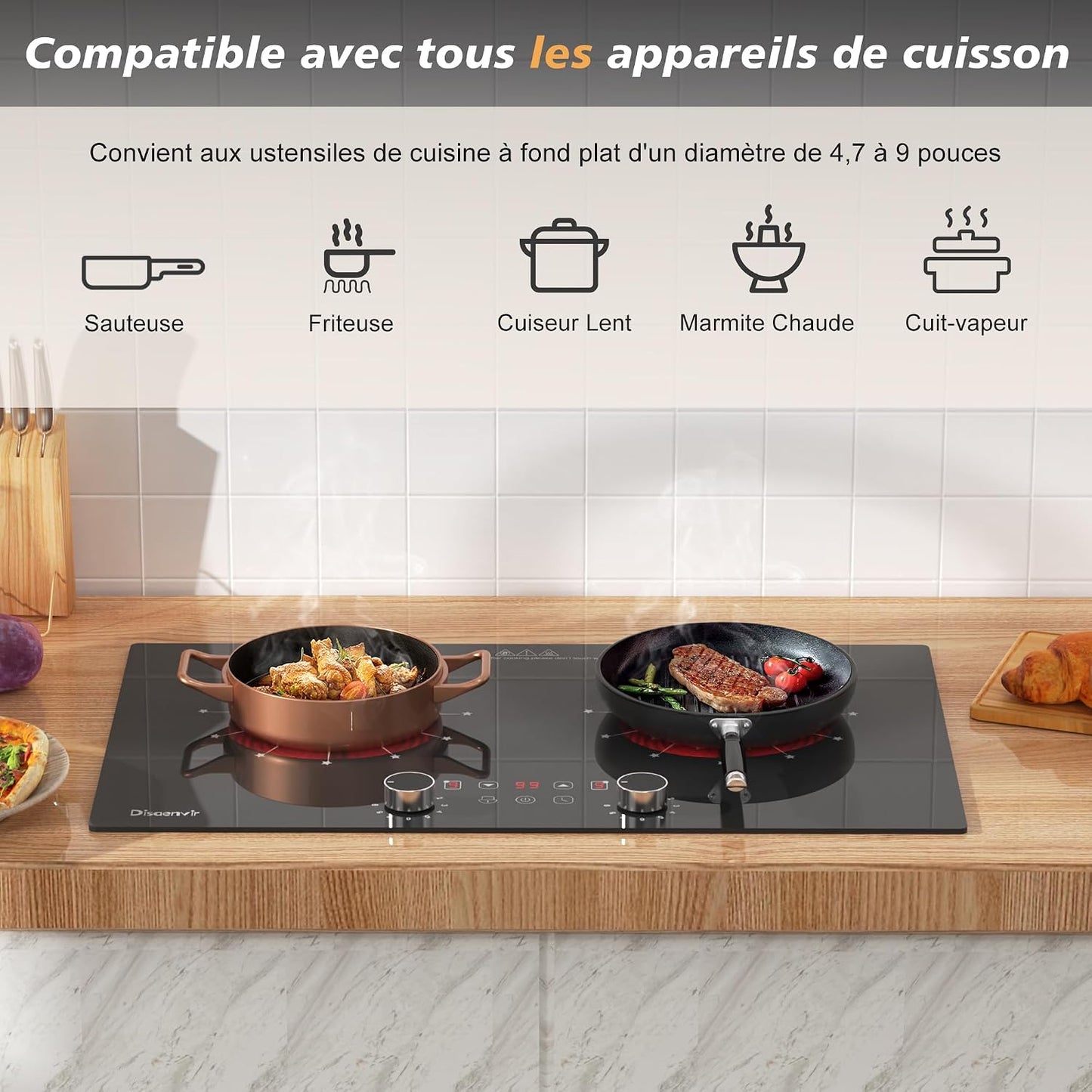 Plaque Vitrocéramique Portable 2 Feux Avec Prise | Plaque De Cuisson Electrique Deux Feux, Minuterie De 4 Heures, Commande Par Bouton, Sécurité Enfant, 3200W, 220V