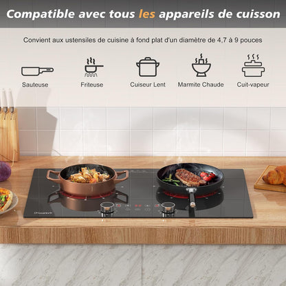 Plaque Vitrocéramique Portable 2 Feux Avec Prise | Plaque De Cuisson Electrique Deux Feux, Minuterie De 4 Heures, Commande Par Bouton, Sécurité Enfant, 3200W, 220V