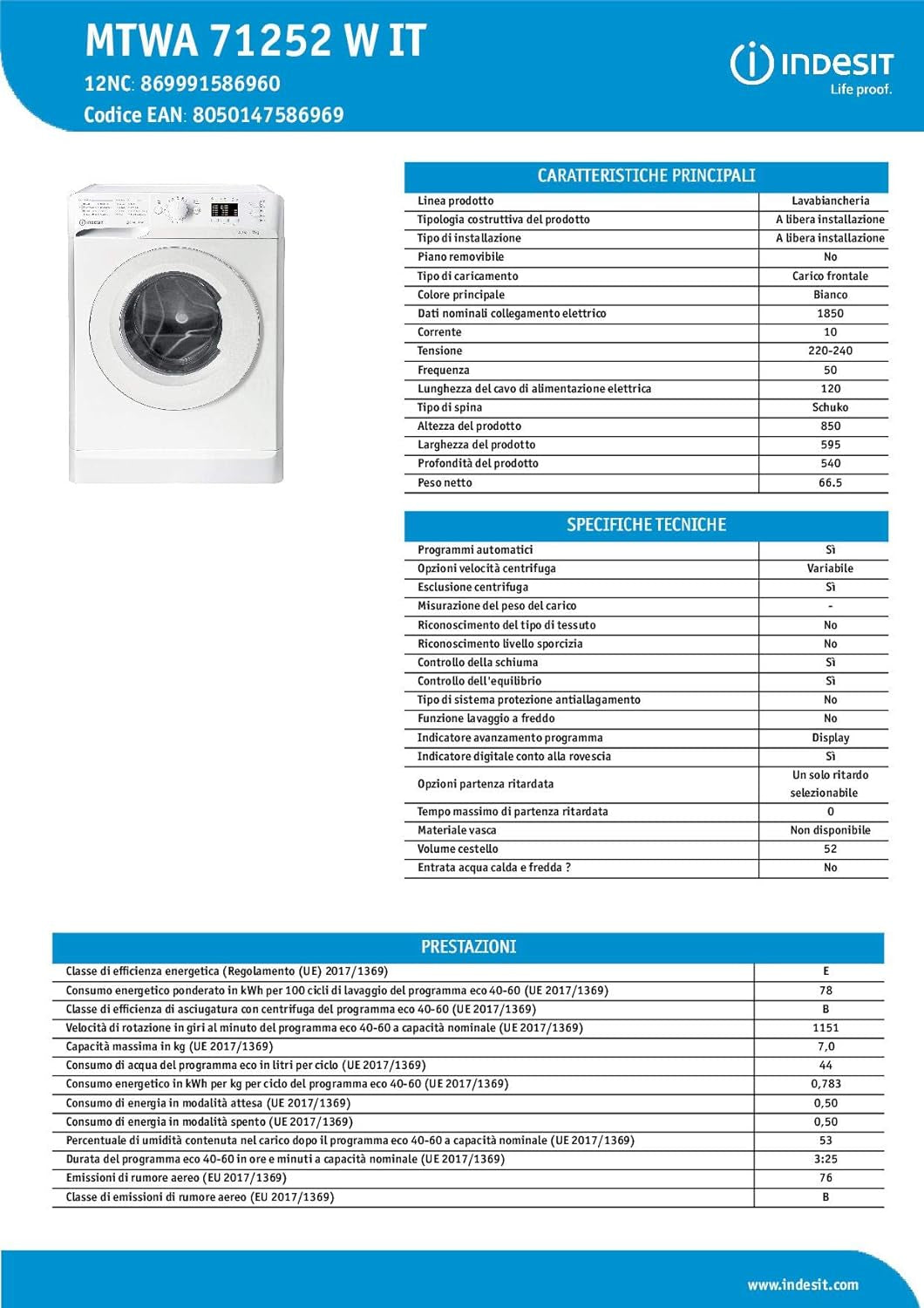 Indesit MTWA 71252 W IT Machine À Laver À Chargement Frontal, 9 Kg, A+++-10%, 1200 Tours/Min