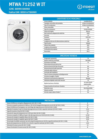Indesit MTWA 71252 W IT Machine À Laver À Chargement Frontal, 9 Kg, A+++-10%, 1200 Tours/Min