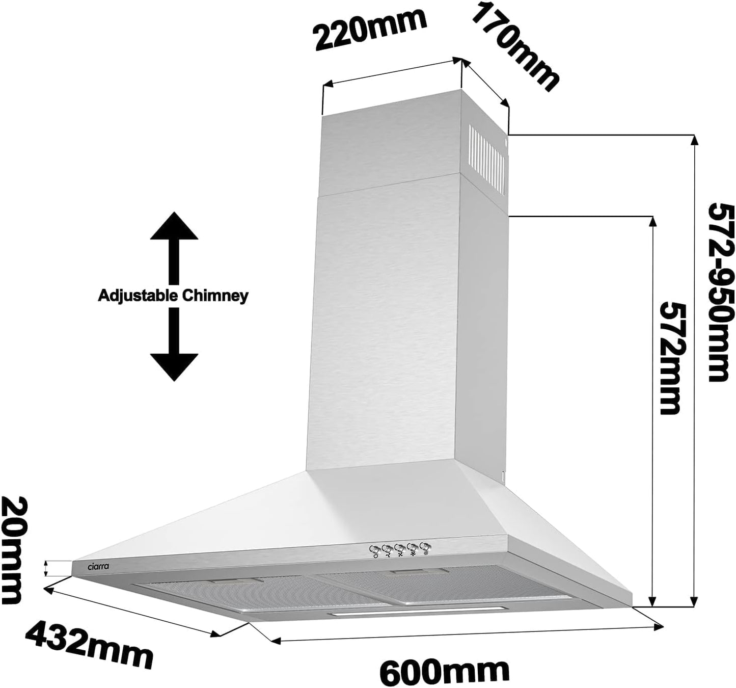 CAS6201A Hottes Aspirantes 60Cm 370M³/H Class A- Evacuation Ou Recyclage -Filtre Charbon NON INCLUS - 3 Niveaux De Vitesse - Hotte Murale - Inox | Pyramide Abzugshaube | Wandhaube | Silber | Leise 62Db | CBCF002X2 Nicht Enthalten