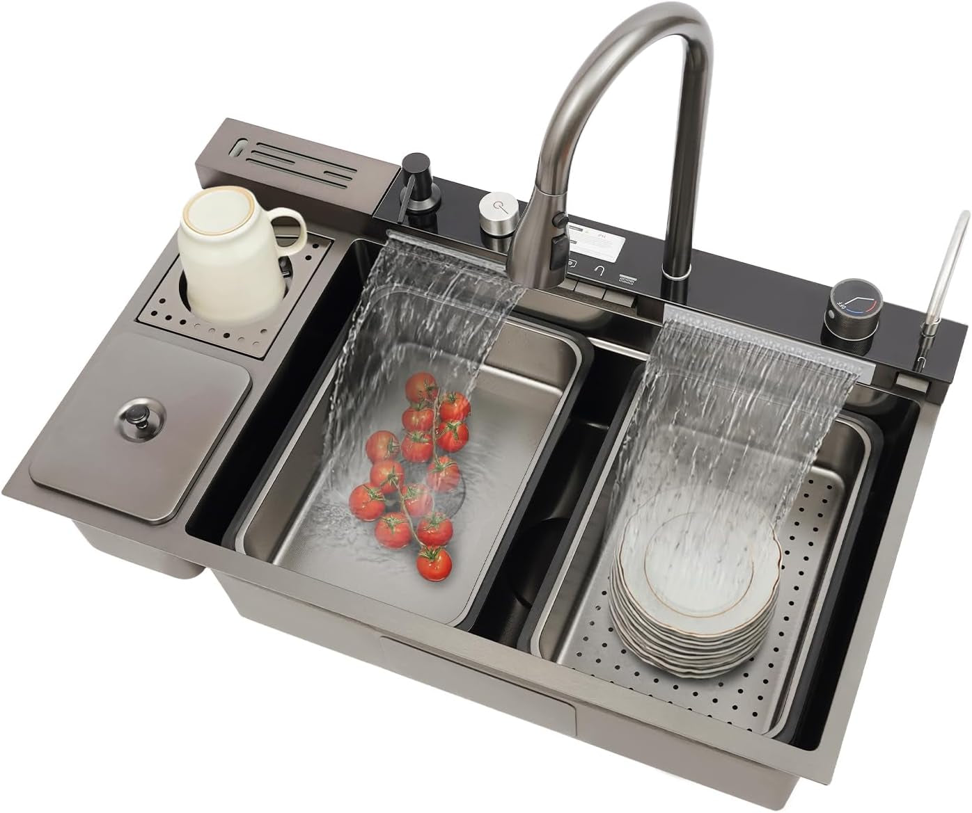 Évier De Cuisine En Acier Inoxydable, Cascade, 82 X 48 X 23 Cm, Touches De Piano, Purgé En Verre, Poubelle, Multifonction, Robinet, Planche À Découper, Panier D’Écoulement
