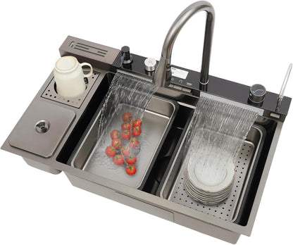 Évier De Cuisine En Acier Inoxydable, Cascade, 82 X 48 X 23 Cm, Touches De Piano, Purgé En Verre, Poubelle, Multifonction, Robinet, Planche À Découper, Panier D’Écoulement