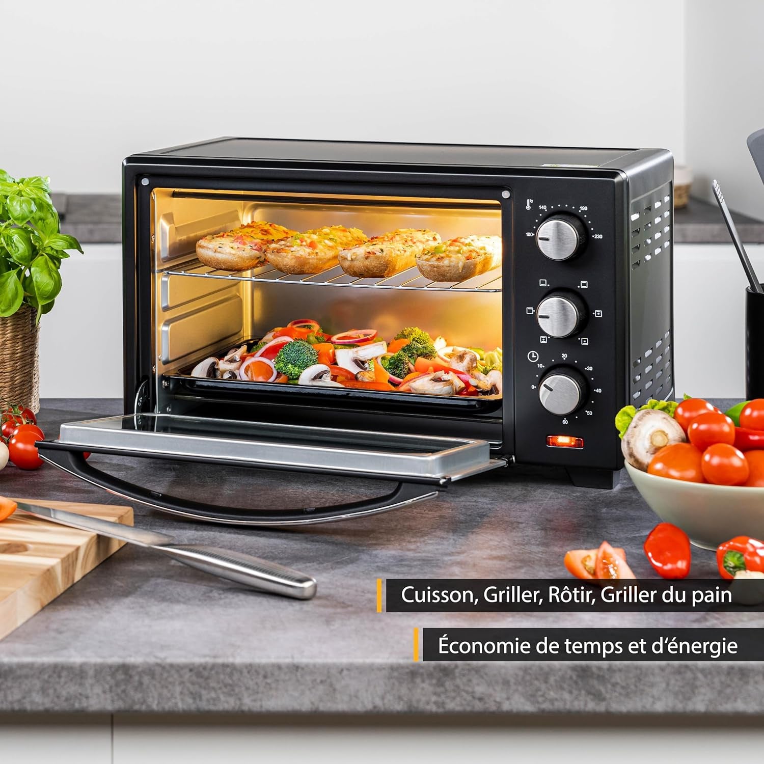 TZS First Austria Mini Four Electrique 20L, Four À Convection 1380W, Avec Minuteur 0-60 Min, Grille Et Plaque De Four, Double Vitrage, Rôtissoire, Max 230°C, Noir