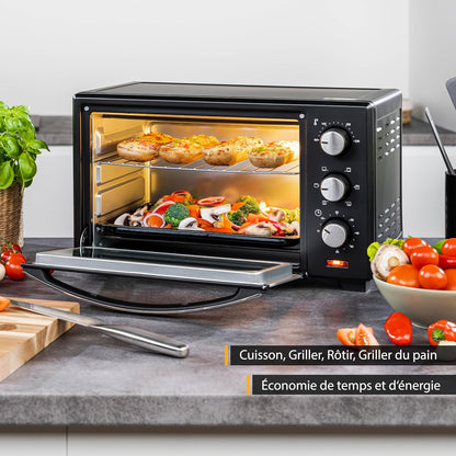 TZS First Austria Mini Four Electrique 20L, Four À Convection 1380W, Avec Minuteur 0-60 Min, Grille Et Plaque De Four, Double Vitrage, Rôtissoire, Max 230°C, Noir
