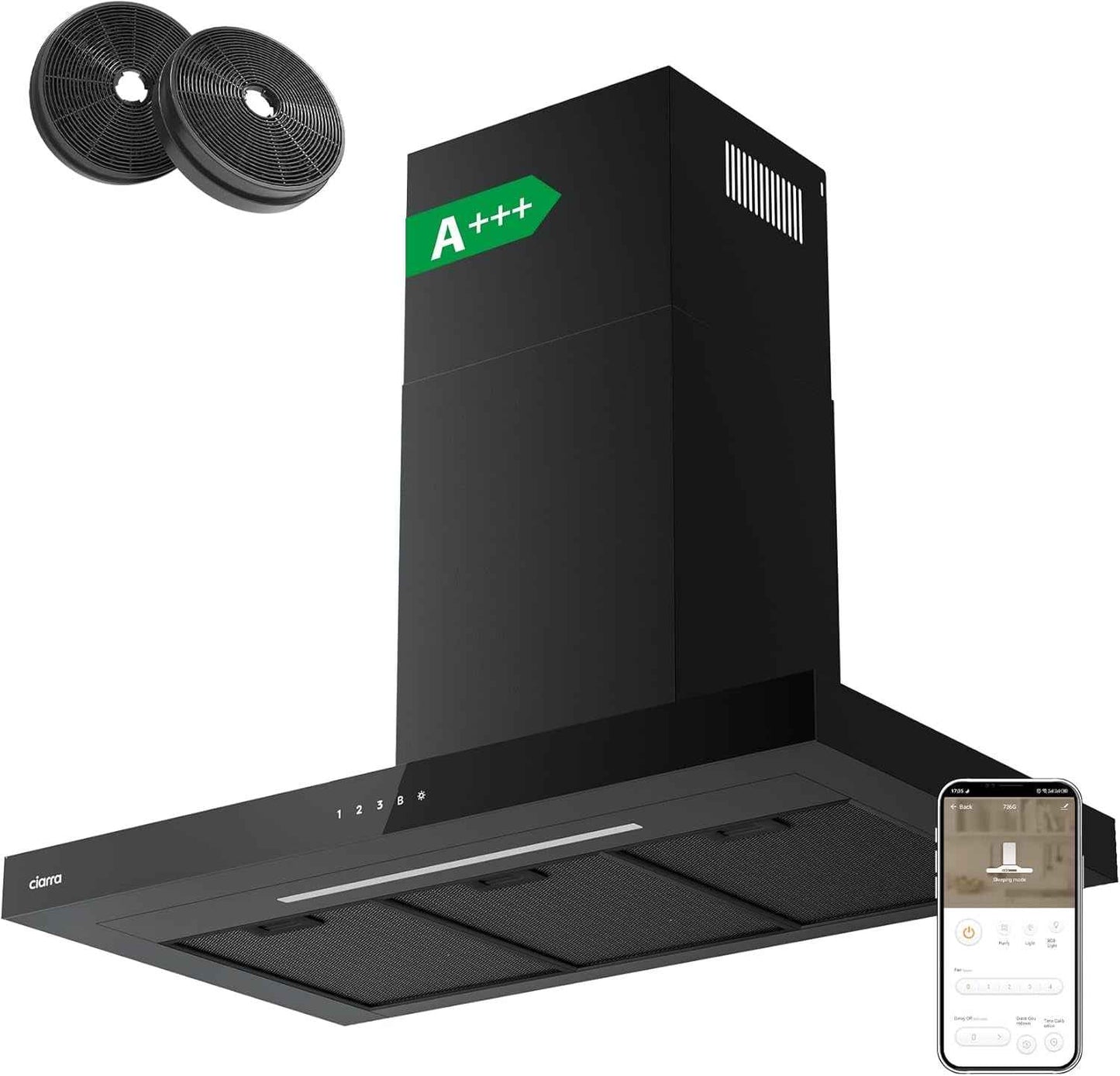 CBCB9102 Hotte Aspirante 90 Cm Classe A+++ 709 M³/H Wifi & APP Noir | Commande Tactile, 4 Vitesses & Boost, Filtre À Charbon CBCF003 Inclus, Recyclage Ou Évacuation, Affichage LED - Hotte Murale.