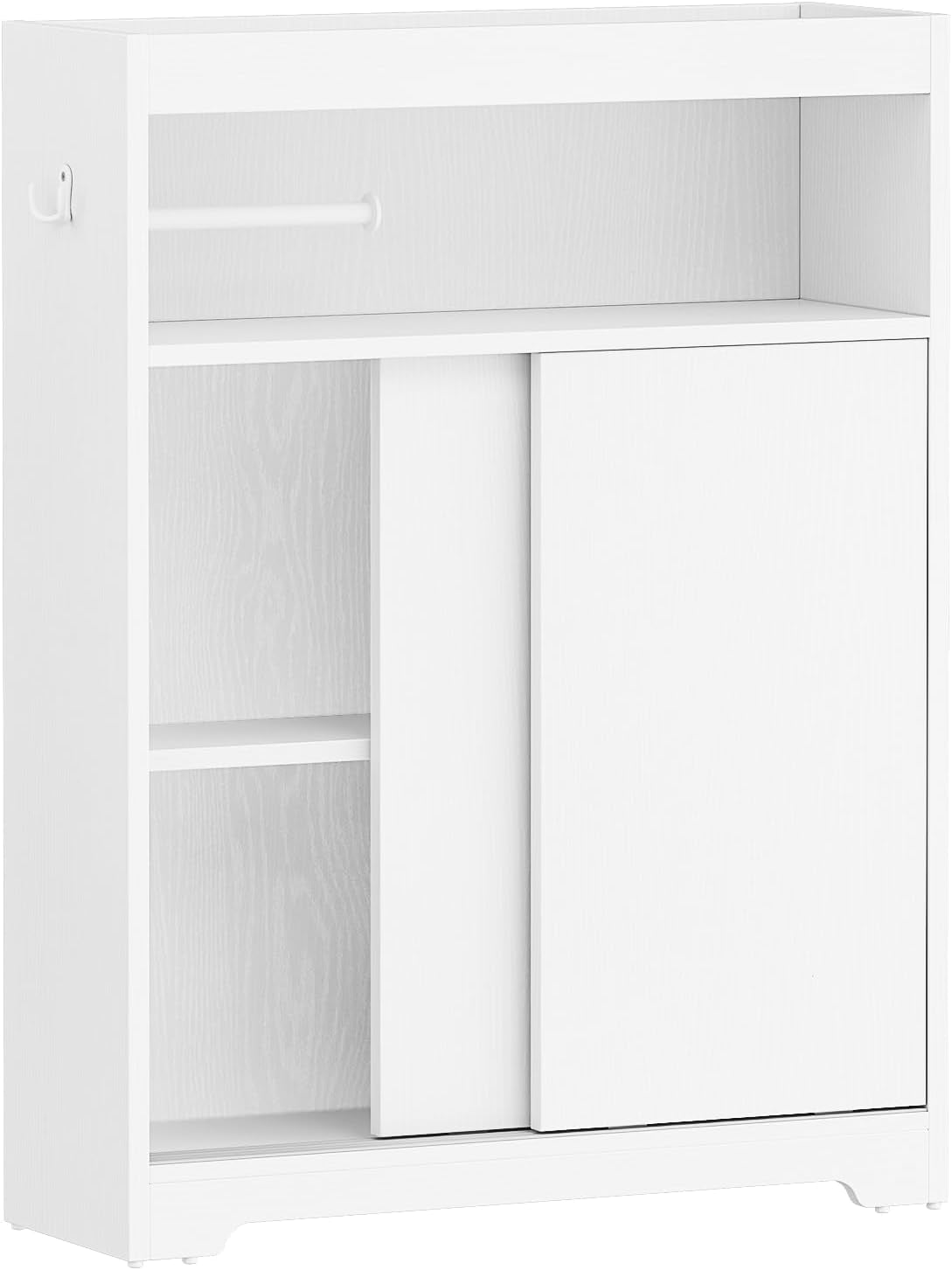 Meuble De Salle De Bain, Meuble Toilette Avec Rangement Papier Toilette Et Crochets, Portes Coulissantes, Étagère Réglable, 20 X 60 X 80 Cm, Blanc BC62813X