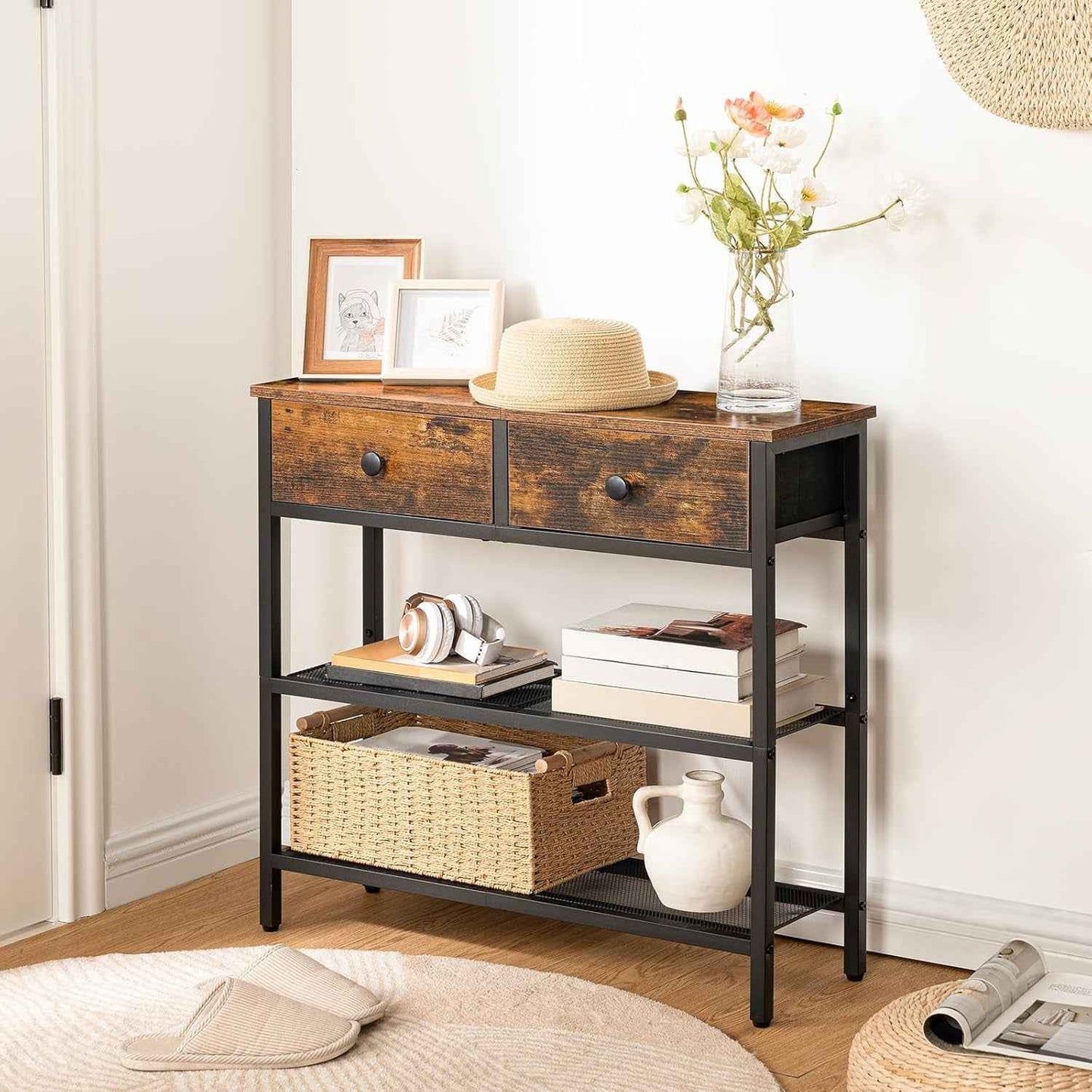 Console Meuble, 75 Cm Table Console, D'Entrée Avec 2 Tiroirs En Tissu, Table D’Appoint, Bout De Canapé, Pour Entrée, Salon, Style Industriel, Marron Rustique Et Noir EBF72XG01