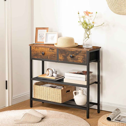 Console Meuble, 75 Cm Table Console, D'Entrée Avec 2 Tiroirs En Tissu, Table D’Appoint, Bout De Canapé, Pour Entrée, Salon, Style Industriel, Marron Rustique Et Noir EBF72XG01