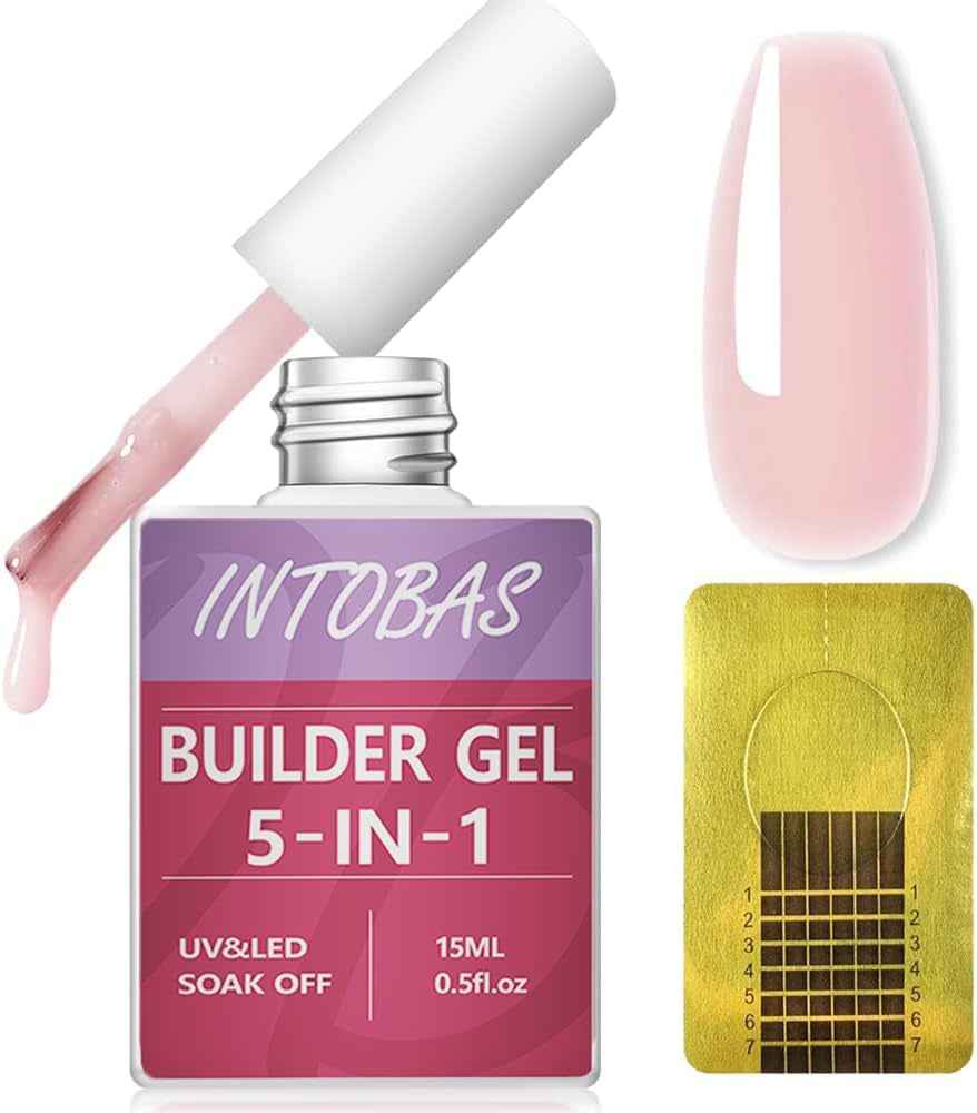 15Ml Builder Gel 5 En 1, Gel De Construction Ongle Pose Americain, Gummy Base Et Structure Avec 100Pcs Chablon Ongle Pour Extensions, Renforcement, Réparation De Manucure-Rose Nude