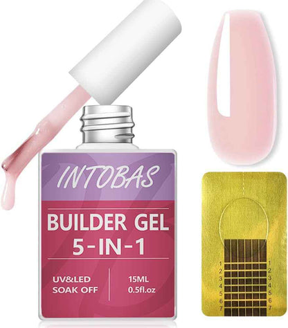 15Ml Builder Gel 5 En 1, Gel De Construction Ongle Pose Americain, Gummy Base Et Structure Avec 100Pcs Chablon Ongle Pour Extensions, Renforcement, Réparation De Manucure-Rose Nude