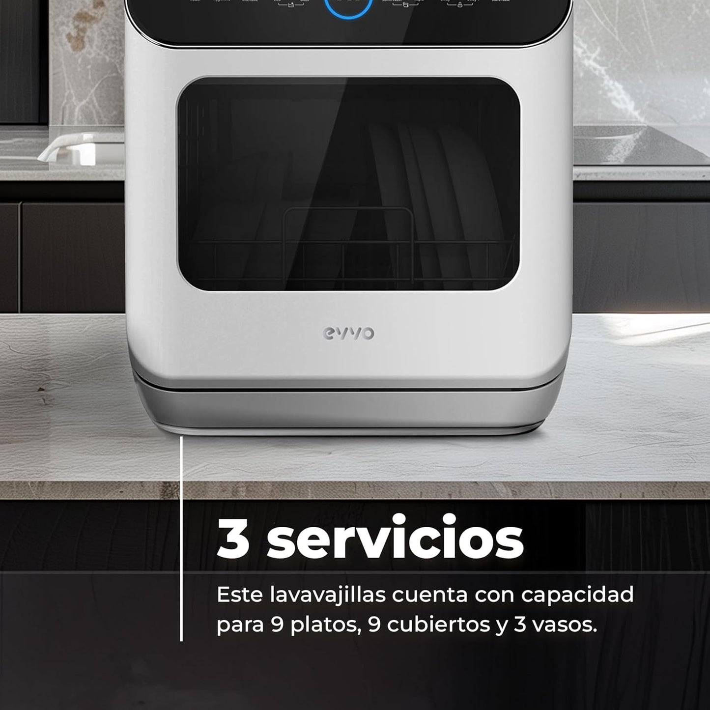 EVVO Lave-Vaisselle Petit, Taille Compacte Et Sans Installation, Pour Bureau Ou Comptoir, 2 Services, 6 Pogrammes, Séchage Supplémentaire, Programme ECO, Programme Automatique, Programmable, Mini D