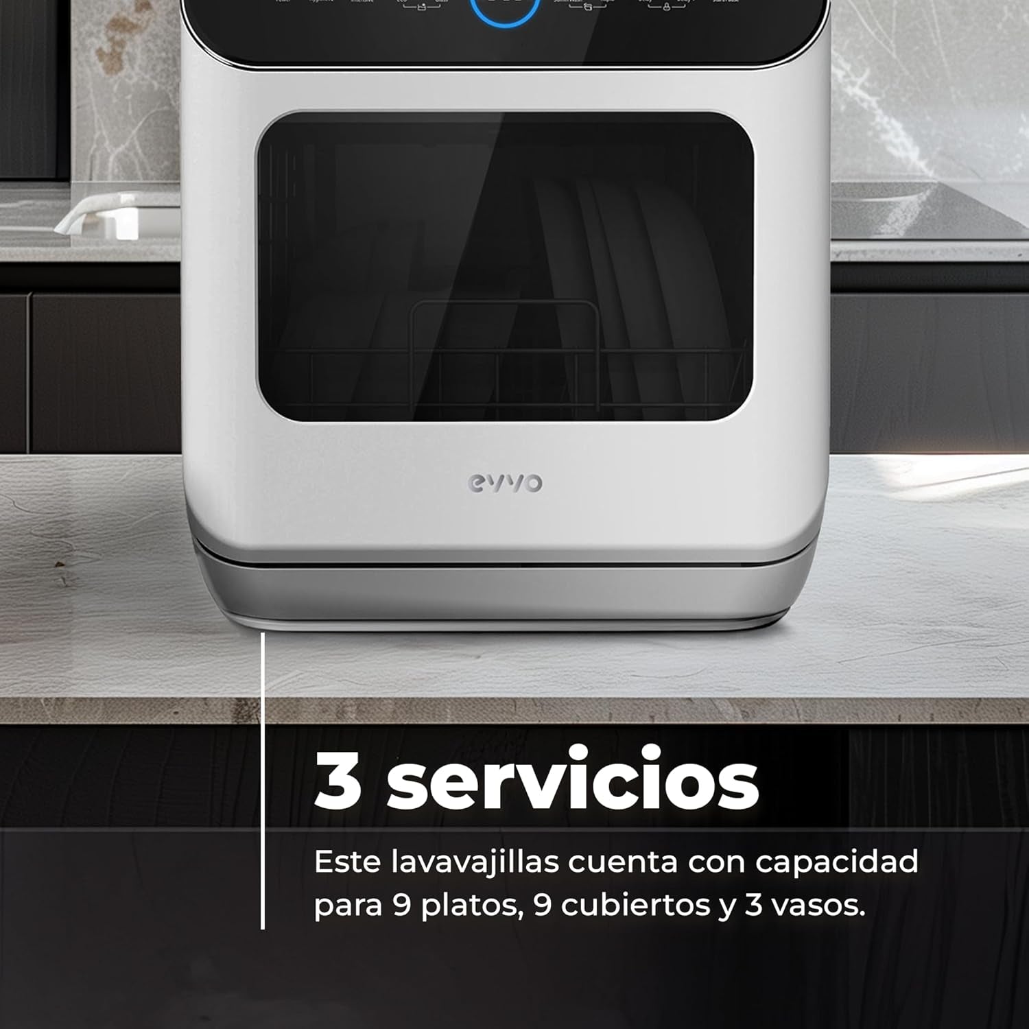 EVVO Lave-Vaisselle Petit, Taille Compacte Et Sans Installation, Pour Bureau Ou Comptoir, 2 Services, 6 Pogrammes, Séchage Supplémentaire, Programme ECO, Programme Automatique, Programmable, Mini D