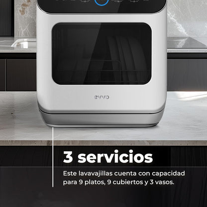 EVVO Lave-Vaisselle Petit, Taille Compacte Et Sans Installation, Pour Bureau Ou Comptoir, 2 Services, 6 Pogrammes, Séchage Supplémentaire, Programme ECO, Programme Automatique, Programmable, Mini D