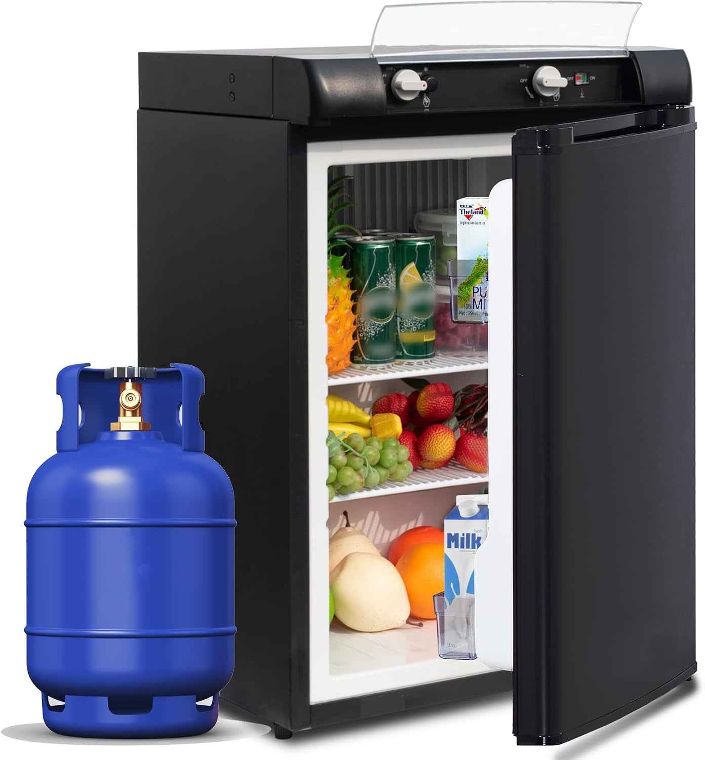 Frigo Trimixte 60L, 12V/220V/Gaz, Frigo Camping Gaz, Mini Frigo Silencieux Pour Camping-Car, Caravane, Camion Et Fourgon, Réfrigérateur Portable Noir