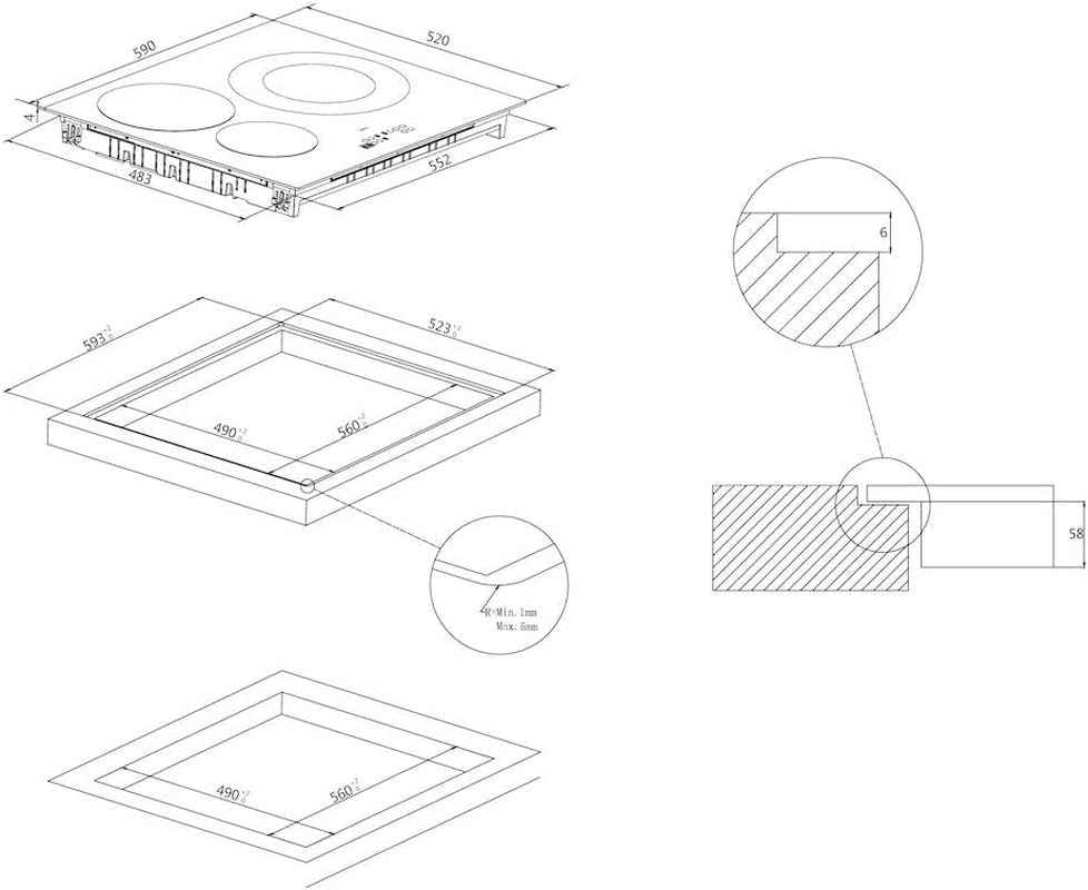CI633C/E14U Plaque À Induction, 3 Zones, 60 Cm, 9 Niveaux De Puissance Et Booster, 7,2 Kw, Commandes Centrales, Indicateur De Chaleur, Verrouillage De Sécurité, Alerte Surchauffe Et Déversement,