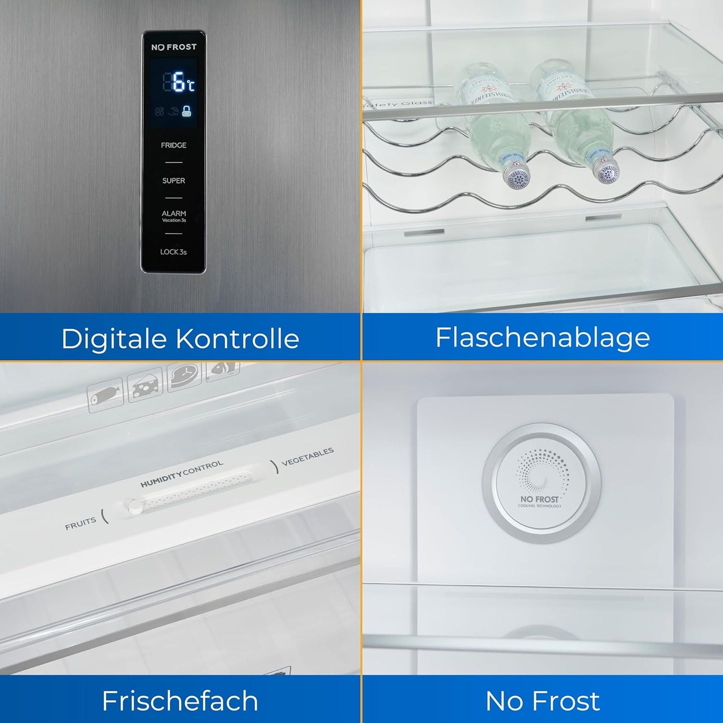 Exquisit KS360-V-HE-040D Kühlschrank, 60 Cm Breit, 359L, Led-Beleuchtung, No-Frost, Inoxlook-Az