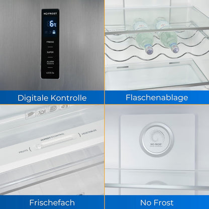 Exquisit KS360-V-HE-040D Kühlschrank, 60 Cm Breit, 359L, Led-Beleuchtung, No-Frost, Inoxlook-Az