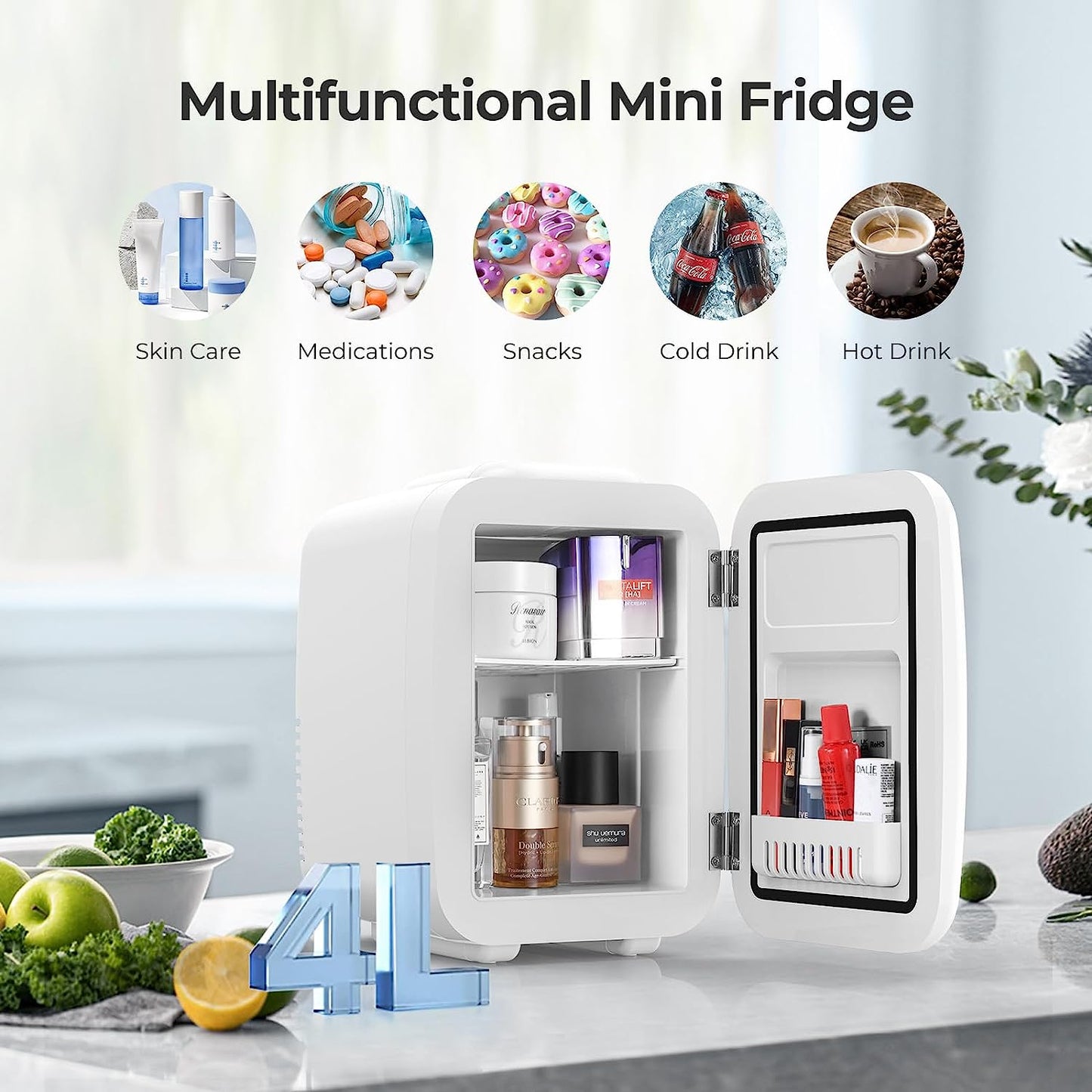 OSTBA APPLIANCE Mini Frigo Portable, 4 Litres /6 Boîtes Boissons & Soin De La Peau Mini Petit Frigo Pour Chambre, Voiture, Bureau, Deux Vitesses - Refroidisseur Et Réchauffeur (Blanc)