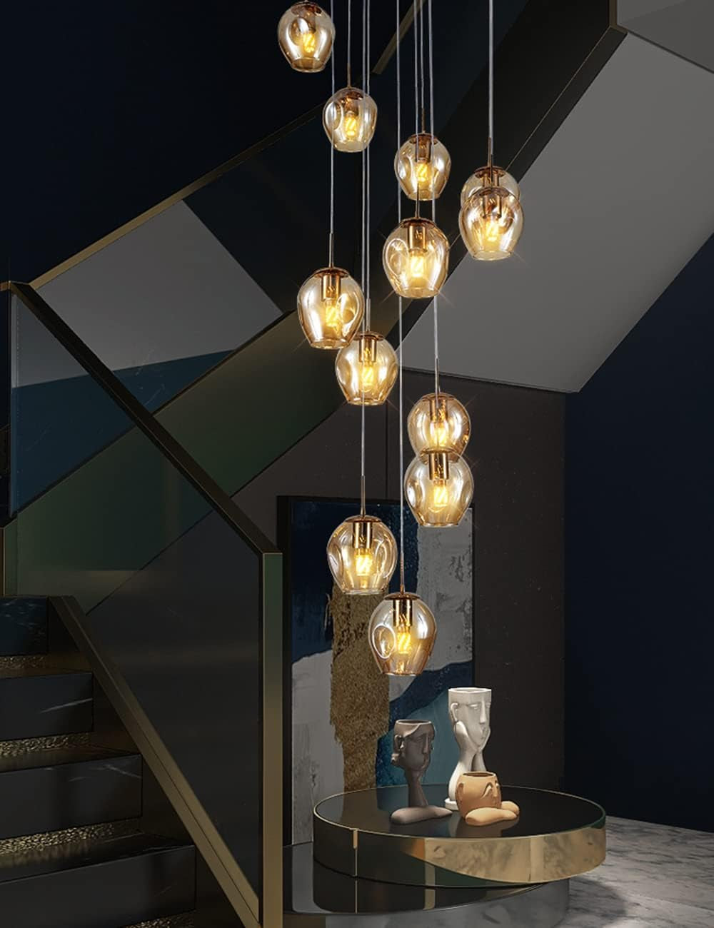 Moderne Escalier Suspendu Lustre,Plafonnier Lustre Verre Boule Suspension,Lampe Led,Grand Multi Ampoule Luminaire Suspendu Pour Salon,Cage Descalier,Couloir,Villa (10 Lights)