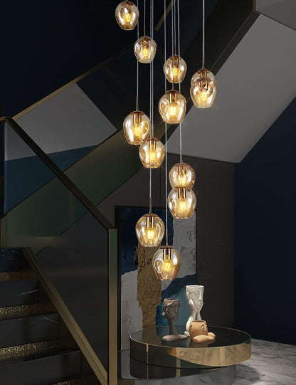 Moderne Escalier Suspendu Lustre,Plafonnier Lustre Verre Boule Suspension,Lampe Led,Grand Multi Ampoule Luminaire Suspendu Pour Salon,Cage Descalier,Couloir,Villa (10 Lights)