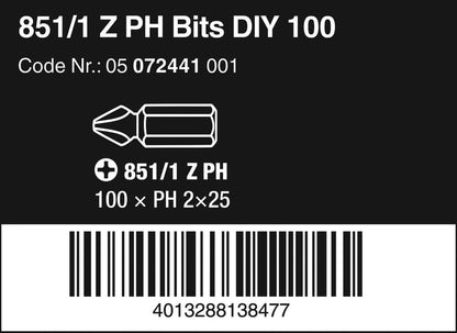 Wera 05072441001 851/1 Embouts Z DIY 100, Phillips, PH 2 X 25 Mm, 100 Pièces