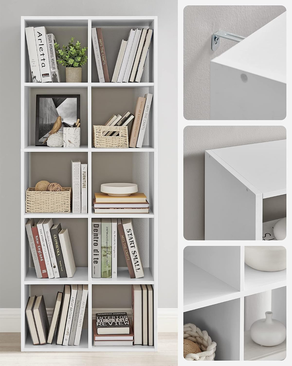 Bibliothèque, Meuble De Rangement, Étagère Sur 5 Niveaux | Pour Salon, Chambre, Bureau, Avec Compartiments Ouverts, 30 X 65,6 X 161,5 Cm, Blanc Nuage, CUSTOS Collection, LBC168T14V1