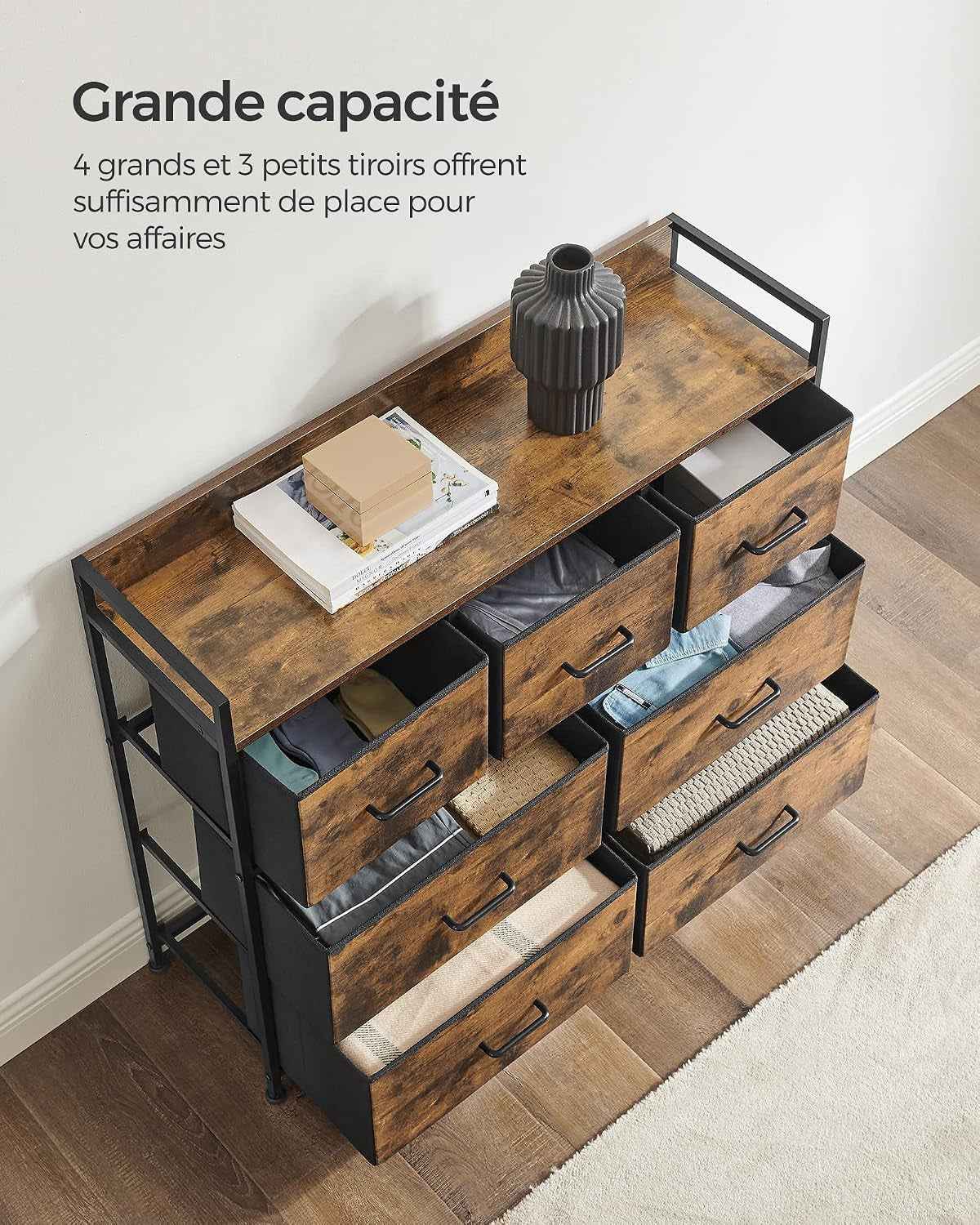 BELLAH Collection - Armoire, Meuble De Rangement, 5 Tiroirs En Tissu Avec Poignées, Cadre En Métal, Style Moderne, Marron Rustique Et Noir D'Encre LTS137BH01 | Design Basique Moderne, Encre Noire Et Marron Rustique, Collection BELLAH LTS137B01