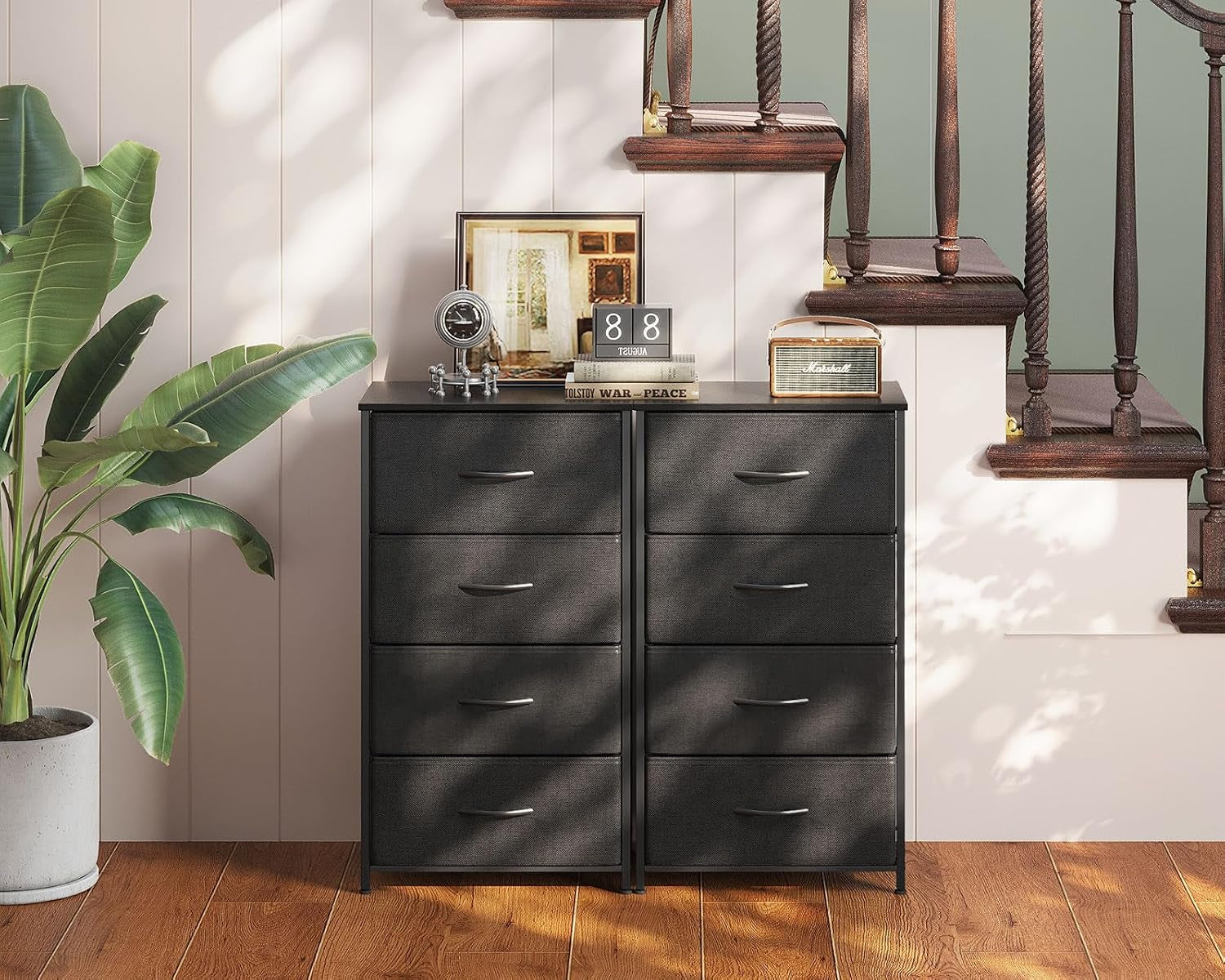 Noir Commode Chambre Adulte, Avec 4 Tissu Tiroirs | Petite Commode Adaptée Au Salon, Cadre En Acier Robuste, Plateau En Bois, 40 X 30 X 80Cm