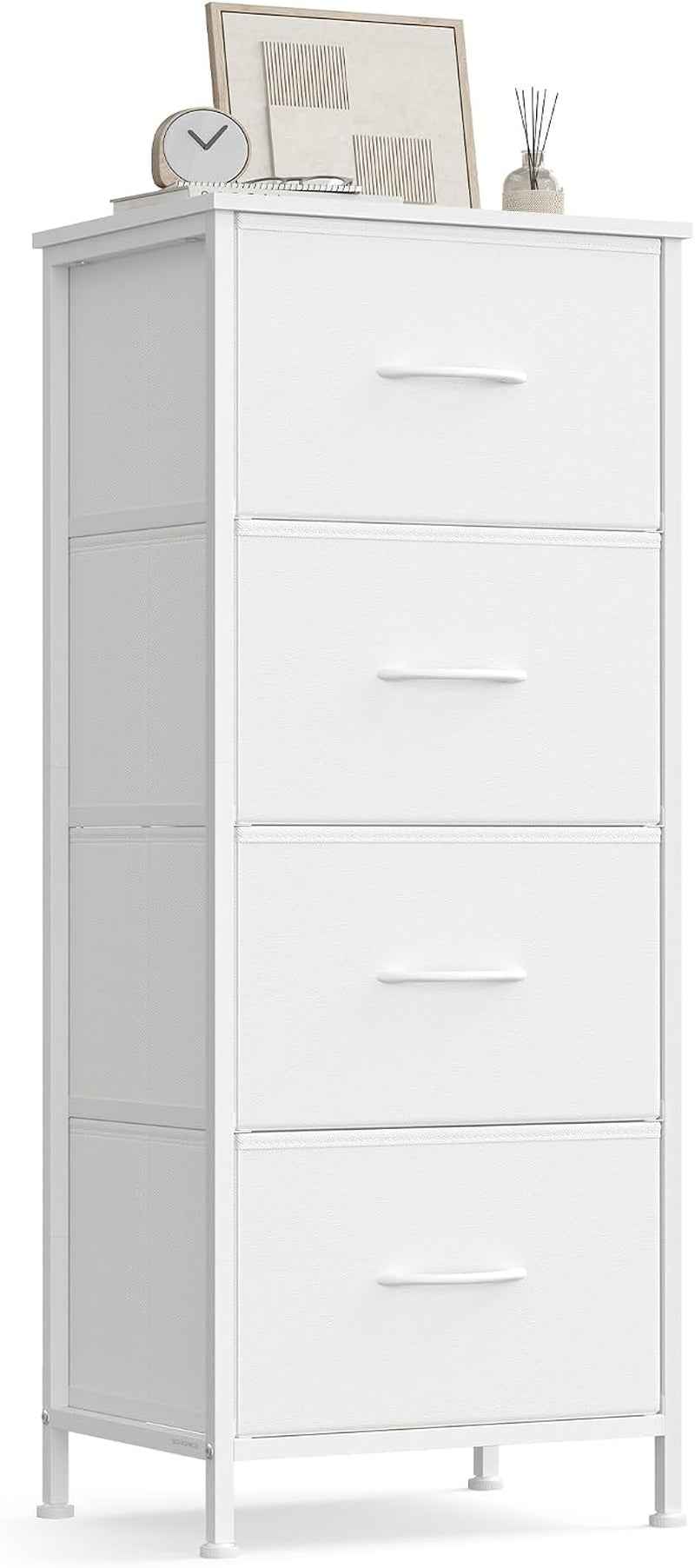 BELLAH Collection - Commode, Meuble De Rangement Pour Chambre, Couloir, Entrée, Salon, Cadre En Acier, 4 Tiroirs, Style Moderne, Blanc Nuage Et Blanc Neige LGS314WH01