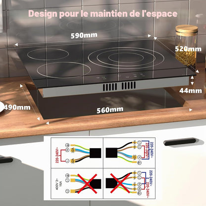Plaque Vitrocéramique 3 Feux, Plaque De Cuisson Electrique 60 CM | Sécurité Enfant, Minuterie, 9 Niveaux De Puissance, Tactile, Encastrable, 5700W, 220V-240V, Sans Prise