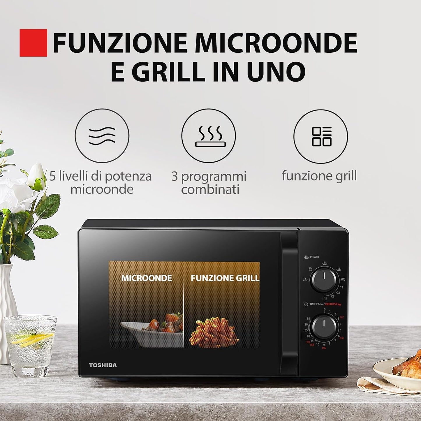 MW2-MG20P(BK) 3-En-1 Four Micro-Ondes Grill Combiné, 20 L, 5 Niveaux De Puissance Réglables, Minuteur, 800 W, Grill 1000 W, Noir