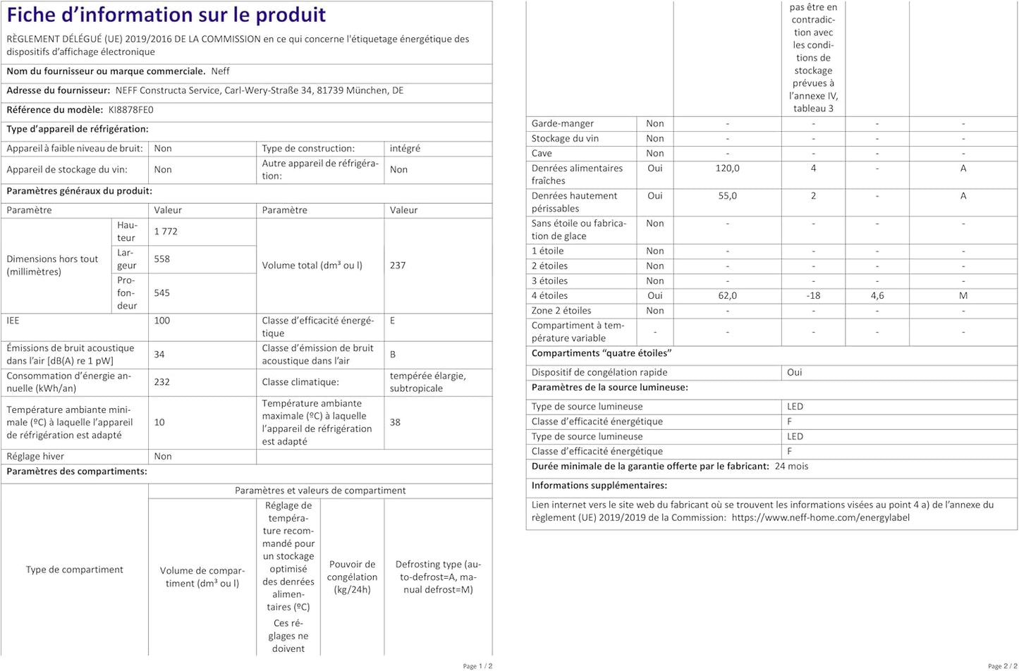 Neff KI8878FE0 Réfrigérateur-Congélateur Intégré (Placement) 237 L E Blanc