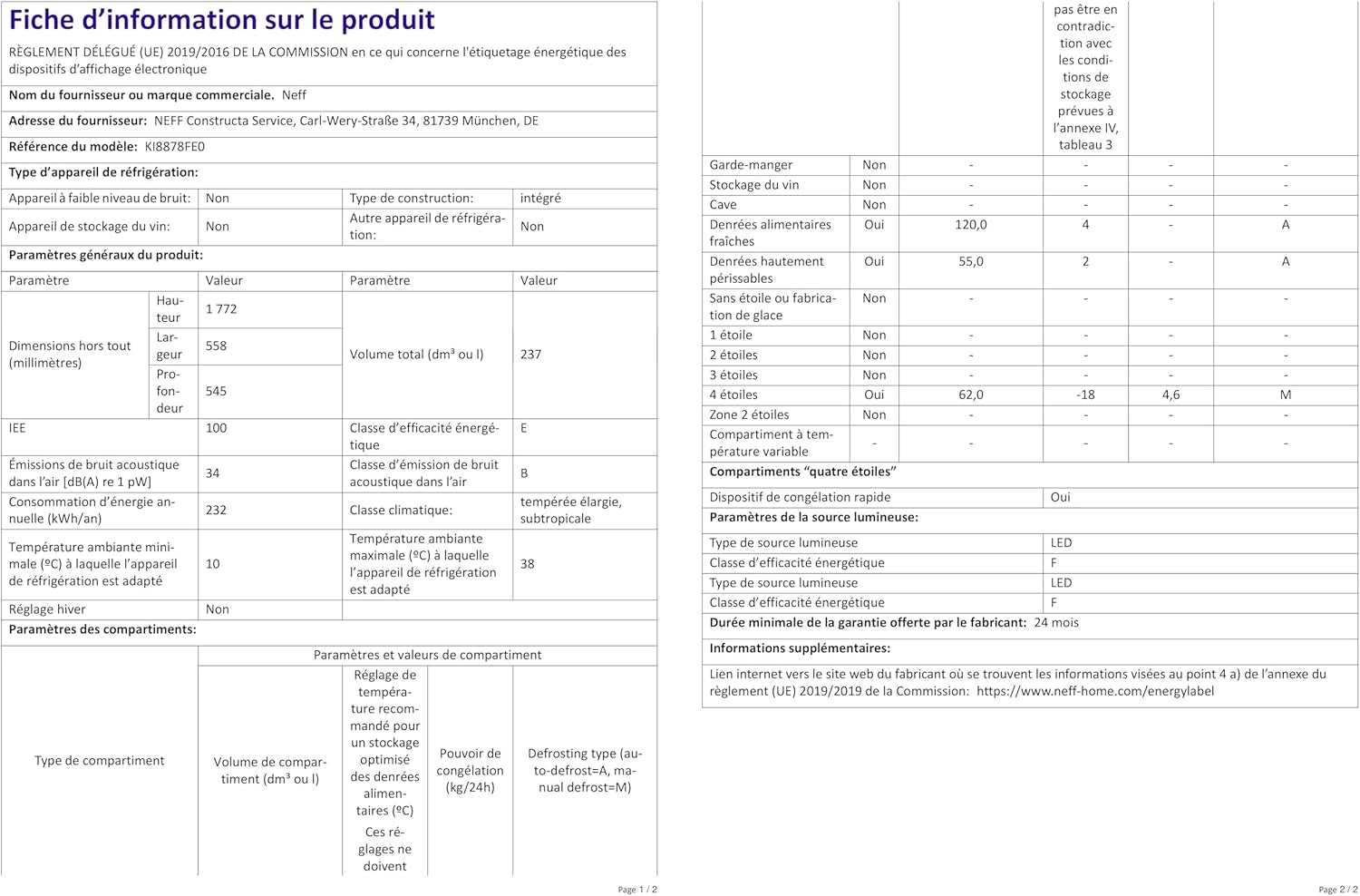 Neff KI8878FE0 Réfrigérateur-Congélateur Intégré (Placement) 237 L E Blanc