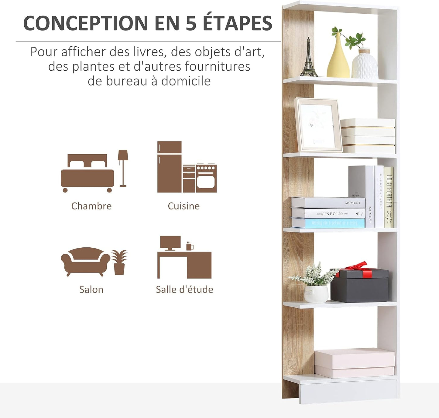 Bibliothèque Étagère De Rangement 45 X 21 X 170 Cm Blanc Et Chêne | 5 Compartiments Ouverts, Design Simple Moderne, Idéale Pour Salon Chambre Bureau
