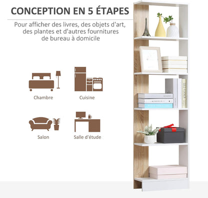 Bibliothèque Étagère De Rangement 45 X 21 X 170 Cm Blanc Et Chêne | 5 Compartiments Ouverts, Design Simple Moderne, Idéale Pour Salon Chambre Bureau