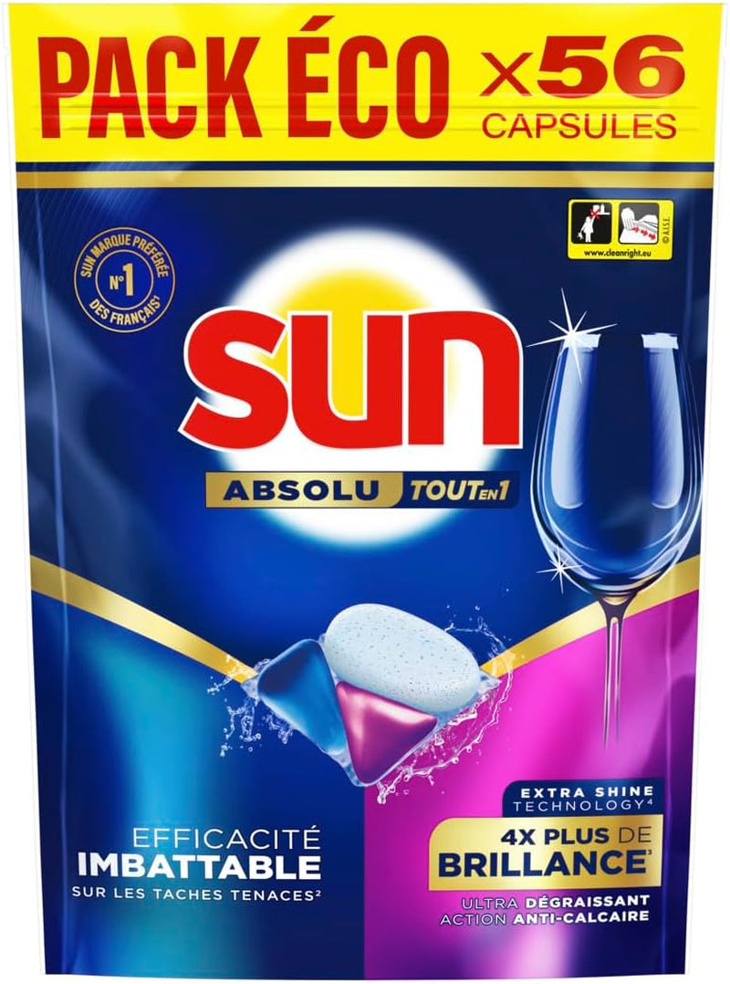 Pastilles Lave-Vaisselle Absolu Tout-En-1 Brillance - 56 Capsules - Tablettes Imbattables Sur Les Taches Tenaces - 4X plus De Brillance