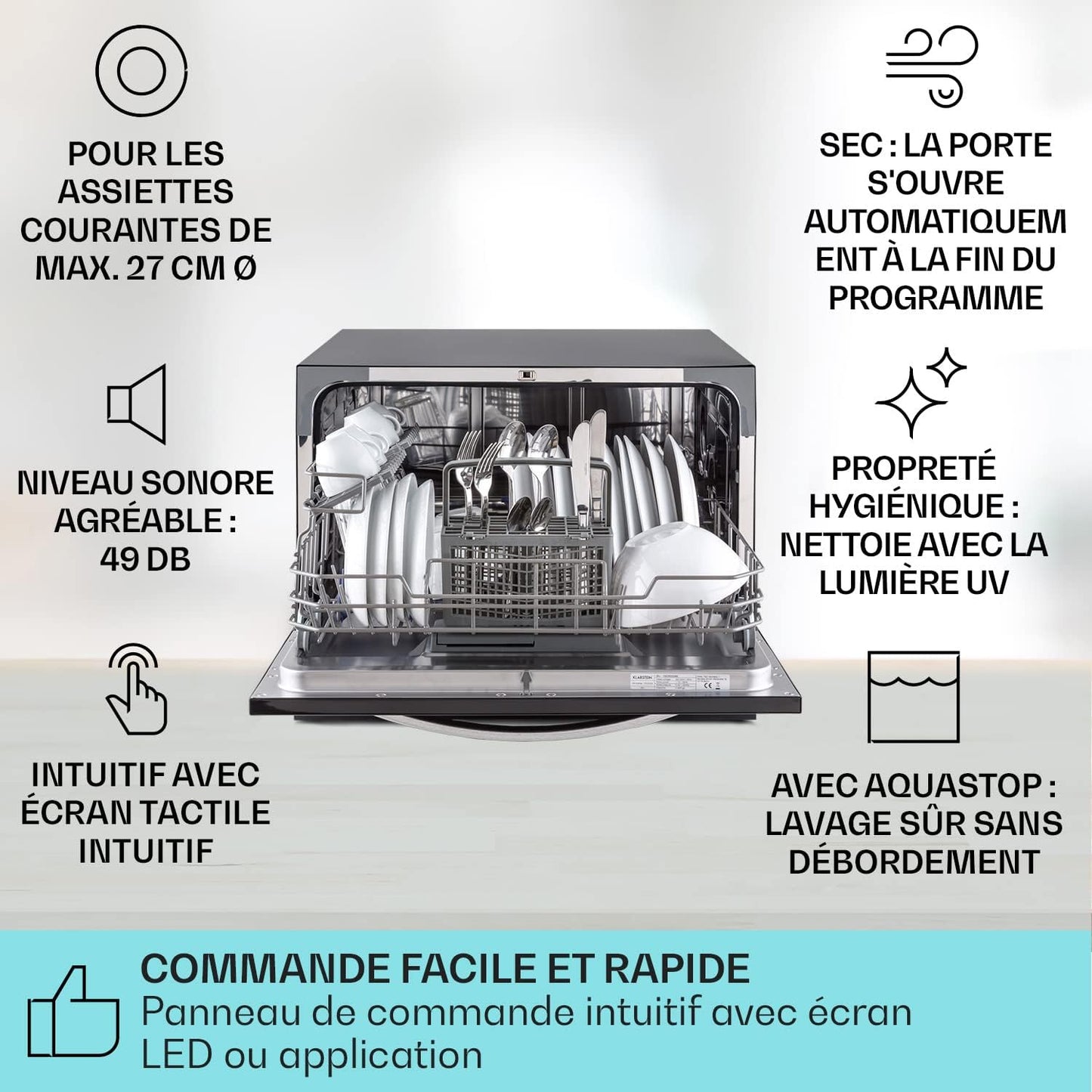 Mini Lave Vaisselle De 6 Couvert, Silencieux, 7 Programmes De Lavage, Petit Lave-Vaisselle De Table, Portable, Facile À Installer Pour La Maison Et Bureau