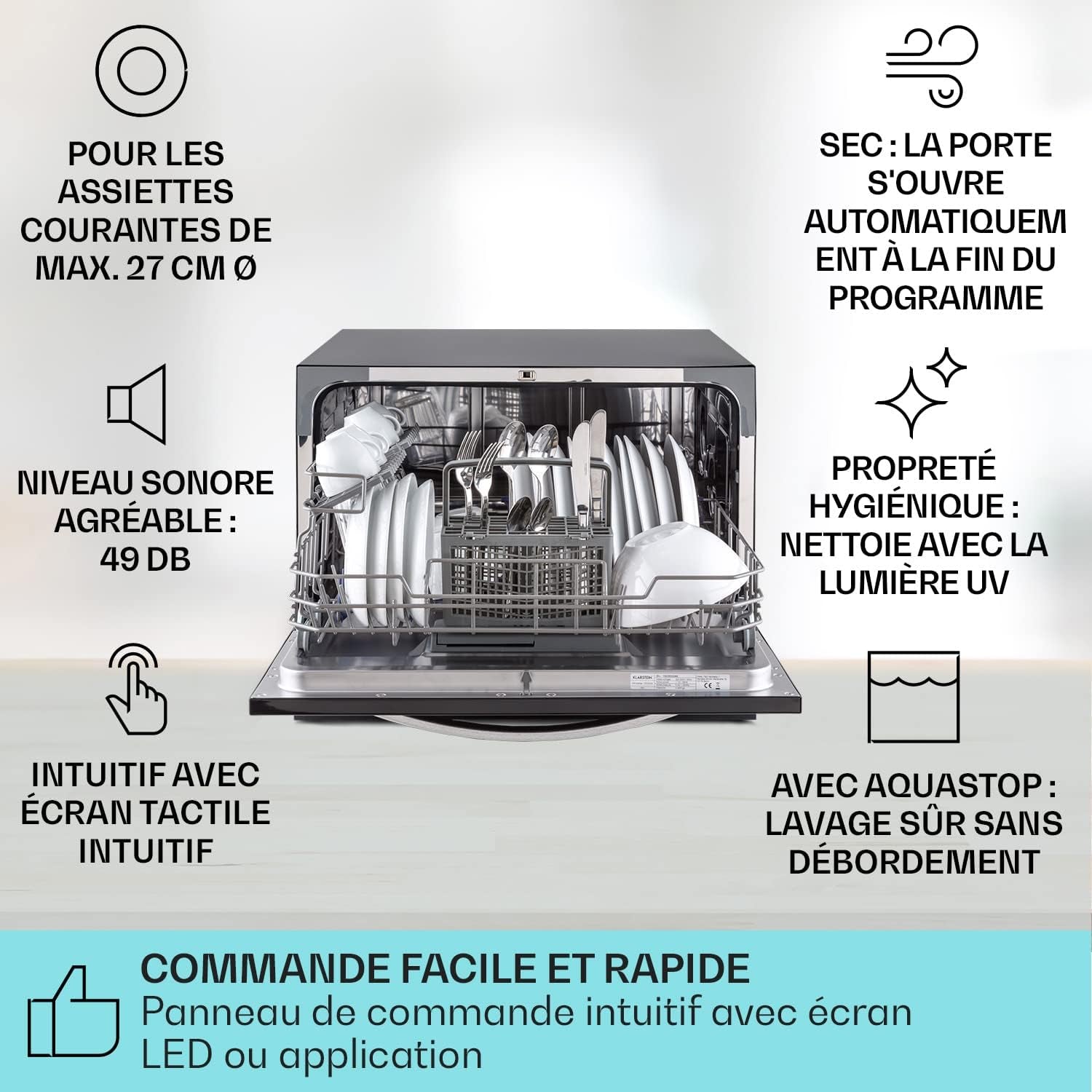 Mini Lave Vaisselle De 6 Couvert, Silencieux, 7 Programmes De Lavage, Petit Lave-Vaisselle De Table, Portable, Facile À Installer Pour La Maison Et Bureau
